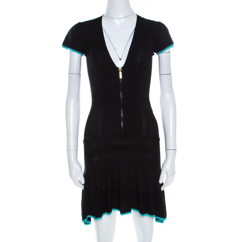 Pre Owned Just Cavalli Black Rib Stretch Knit V Neck Flounce Dress S