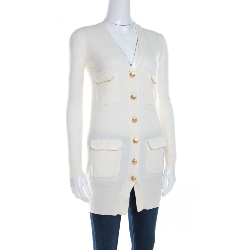 

Just Cavalli Cream Wool Gold Logo Button Detail Long Cardigan