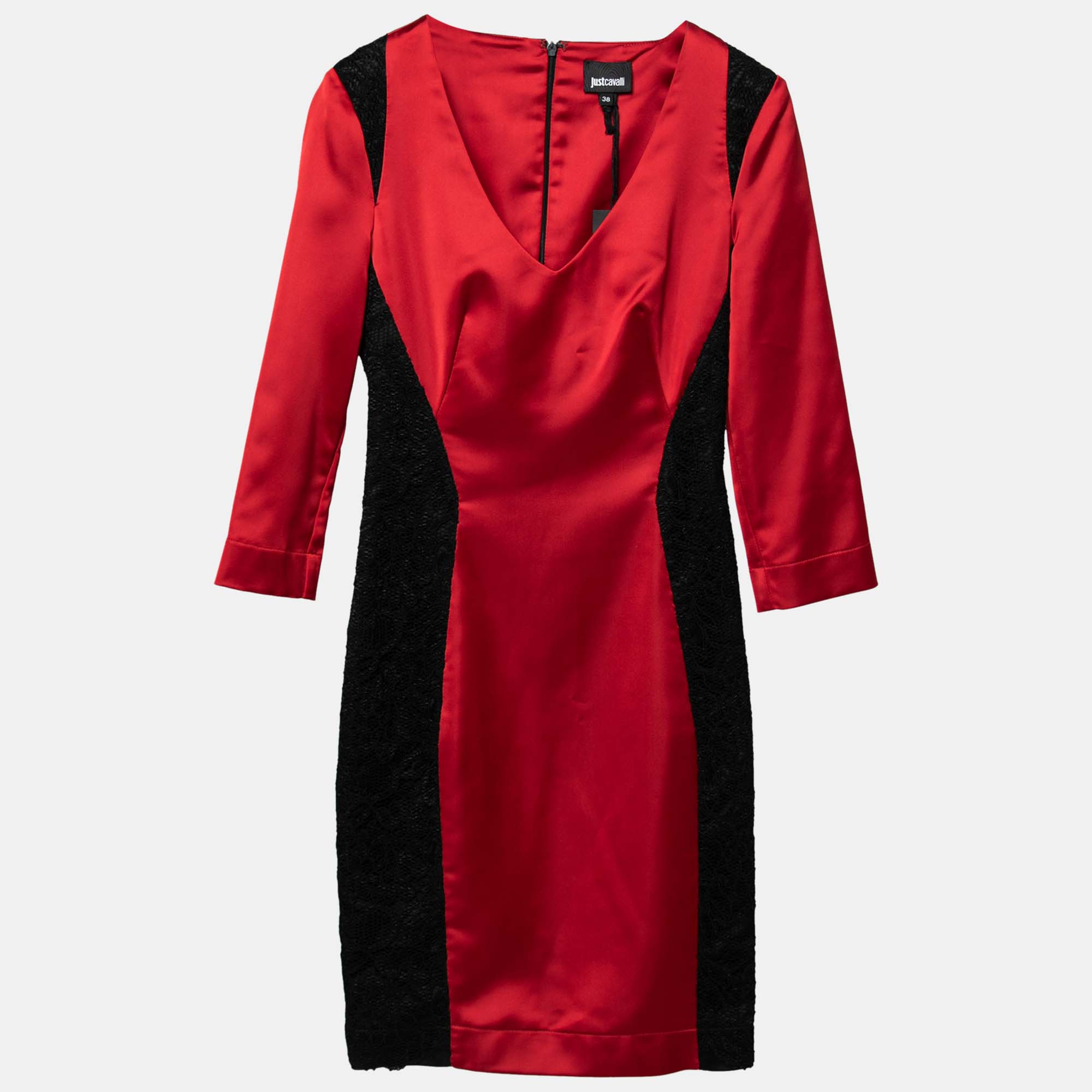 

Just Cavalli Dark Red Stretch Satin Contrast Lace Paneled V Neck Sheath Dress