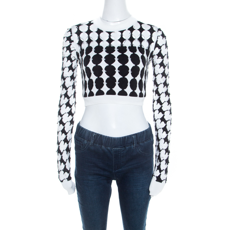 Pre Owned Just Cavalli Monochrome Cutout Knit Crew Neck Long Sleeve Crop Top S