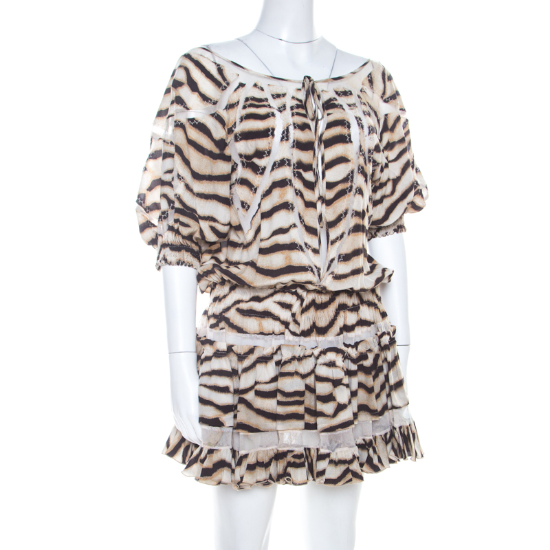 

Just Cavalli Tiger Stripe Print Mesh Insert Smocked Waist Dress, Beige