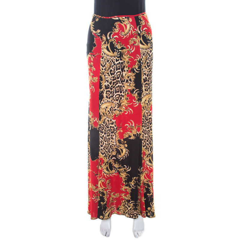 Pre Owned Just Cavalli Red and Black Baroque Print Paneled Maxi Skirt M