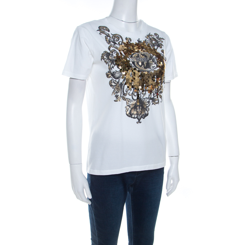 

Just Cavalli White Cotton Jersey Sequin Paillette Embellished T-Shirt