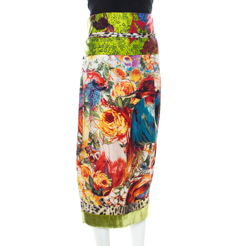 

Just Cavalli Multicolor Floral Printed Silk and Velvet Accented Border Detail Belted Skirt