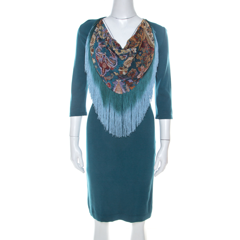 Pre Owned Just Cavalli Teal Blue Stretch Jersey Fringe Detail Dress M