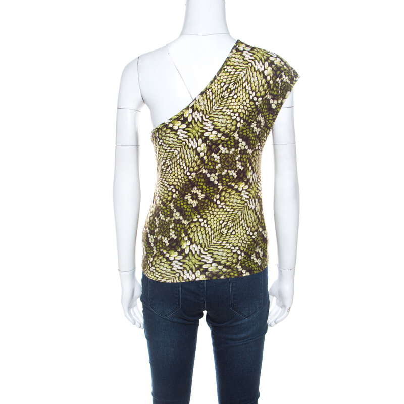 Pre-owned Just Cavalli Green Cotton Animal Print One Shoulder Top M