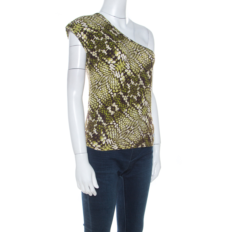 Pre-owned Just Cavalli Green Cotton Animal Print One Shoulder Top M