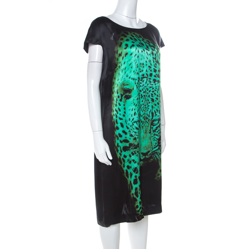 

Just Cavalli Black Leopard Head Print Silk Short Dress