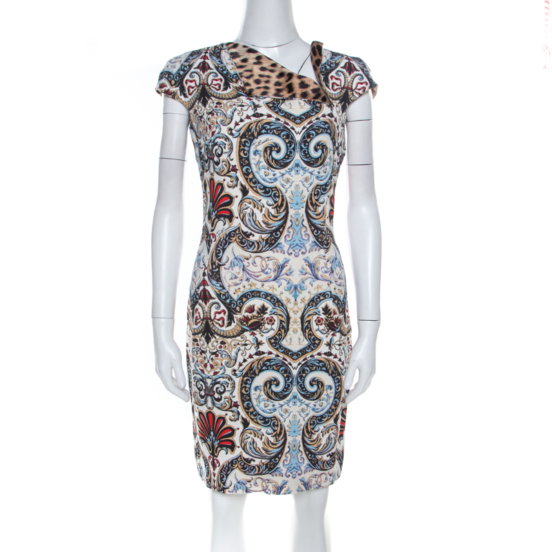 Pre Owned Just Cavalli Mulicolor Floral & Leopard Print Neck Detail Short Dress M