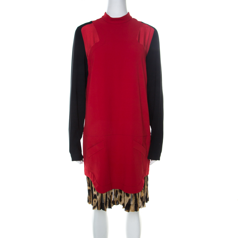 Pre Owned Just Cavalli Red and Black Crepe Pleated Leopard Hem Shift Dress M