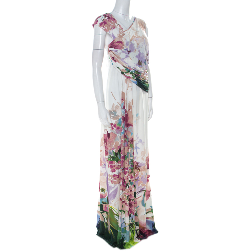 

Just Cavalli Multicolor Floral Print Jersey Draped Maxi Dress
