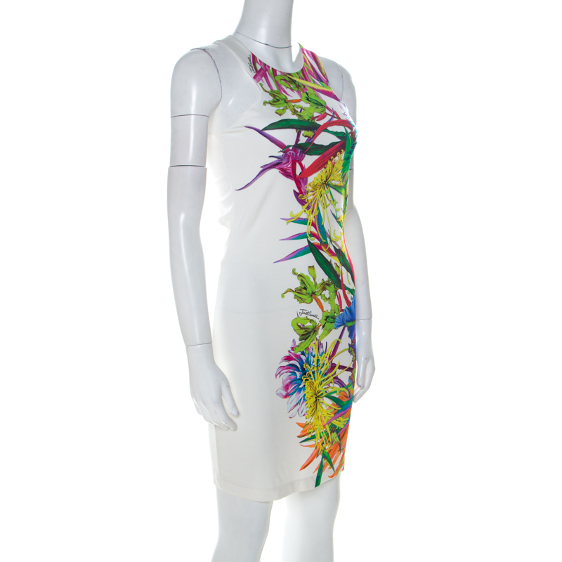

Just Cavalli Multicolor Digital Floral Print Jersey Cut Out Back Bodycon Dress, White