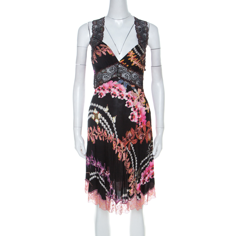 Just Cavalli Black Orchid Print Stretch Lace Trimmed Cross Back Dress M Just Cavalli | TLC