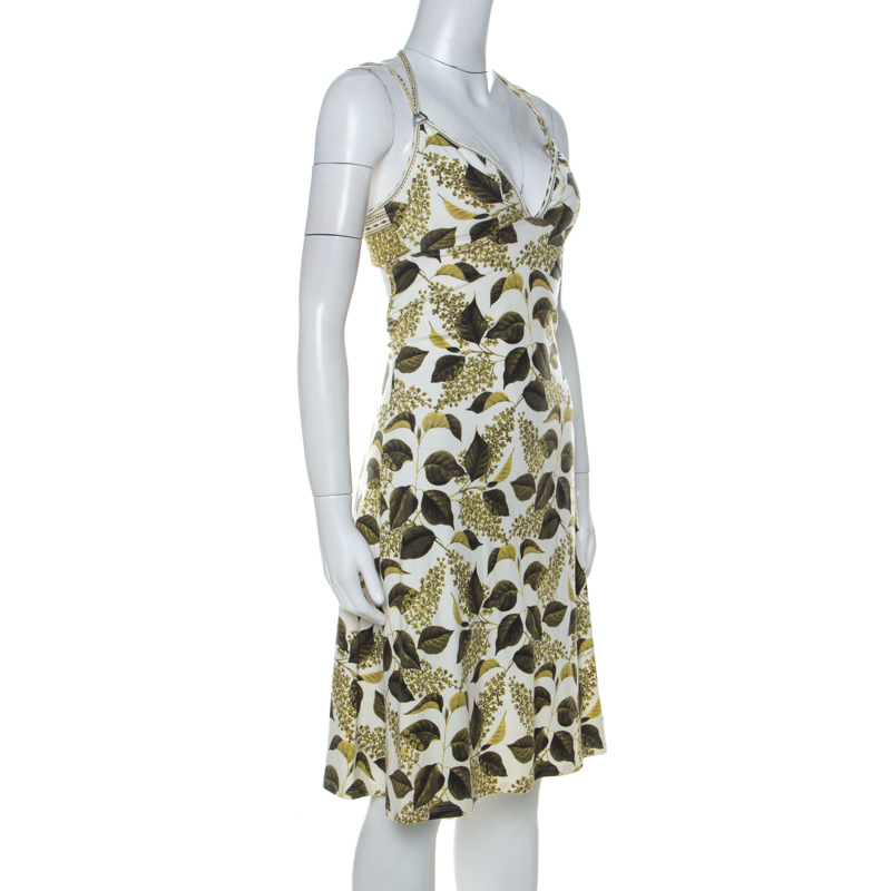 

Just Cavalli Green Leaf Printed Cotton Jersey Flared Dress