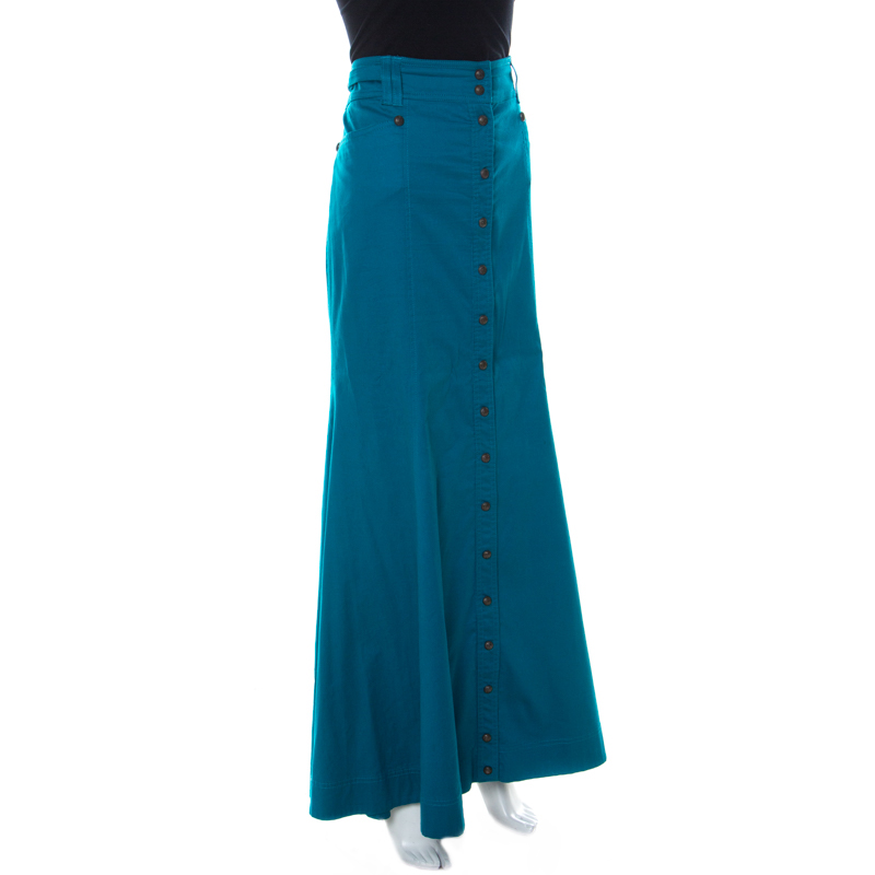 

Just Cavalli Blue Cotton Button Front Maxi Skirt