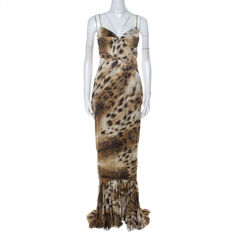 Just Cavalli Multicolor Animal Print Satin Pleated Hemline Sleeveless Dress L