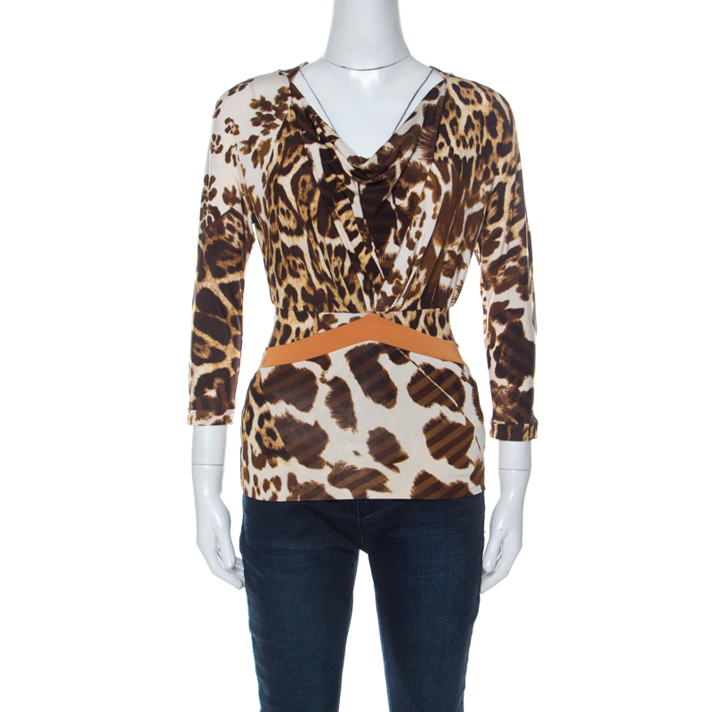 Pre Owned Just Cavalli Brown Animal Printed Jersey Top XS