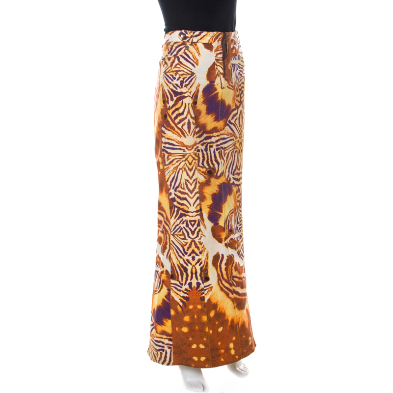 

Just Cavalli Orange and Purple Animal Printed Denim Maxi Skirt