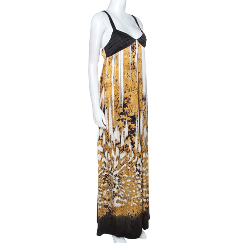 Pre-owned Just Cavalli Multicolor Printed Silk Pleated Bodice Detail Maxi Dress L