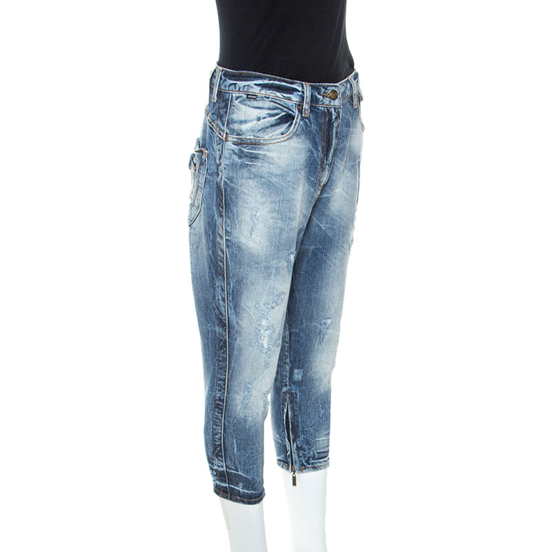 

Just Cavalli Blue Distressed Denim Zip Detail Cropped Jeans