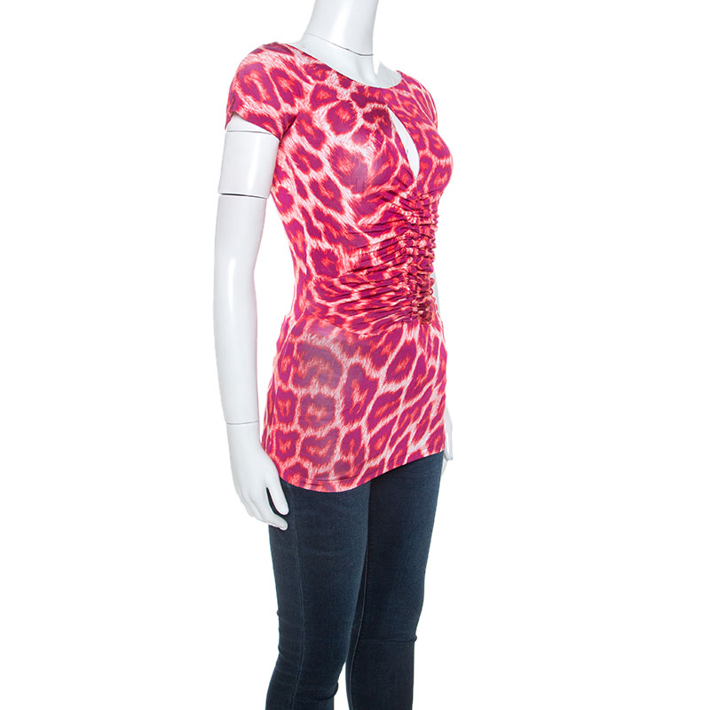 Pre-owned Just Cavalli Red Leopard Print Ruched Detail Top S