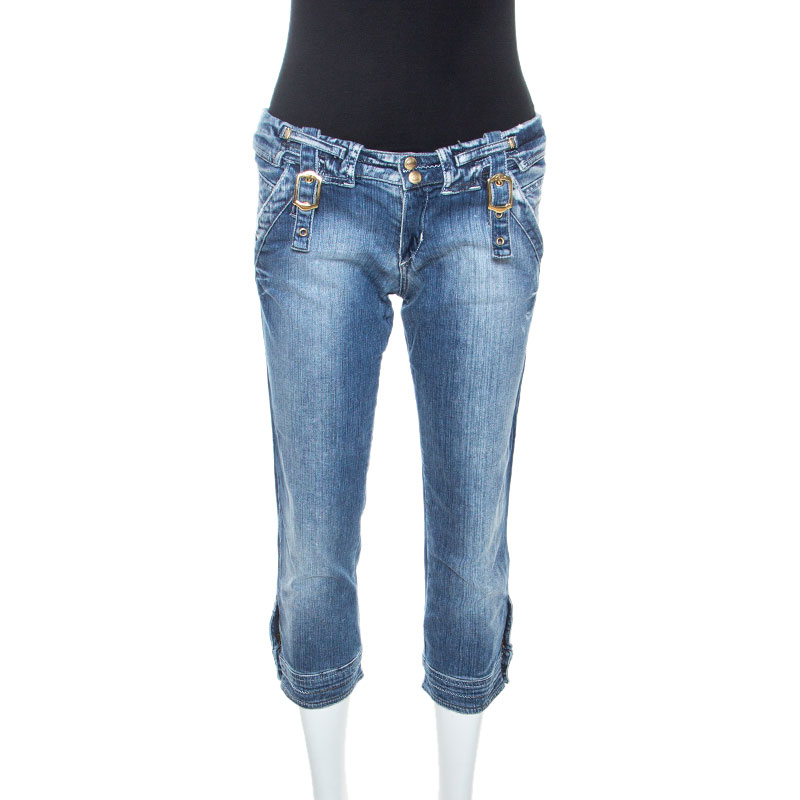 Pre Owned Just Cavalli Blue Denim Buckle Detail Cropped Jeans M