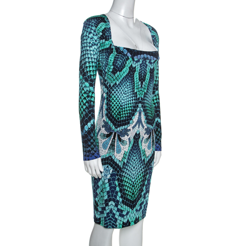 

Just Cavalli Blue Snake Print Stretch Knit Long Sleeve Dress