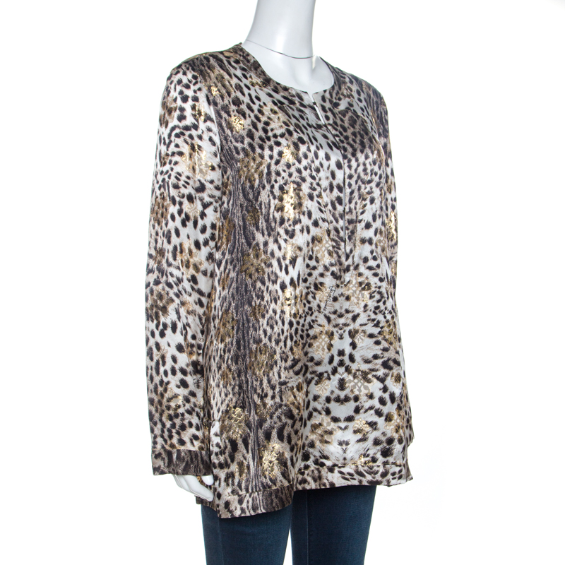 

Just Cavalli Beige Leopard Print Silk Lurex Jacquard Detail Blouse
