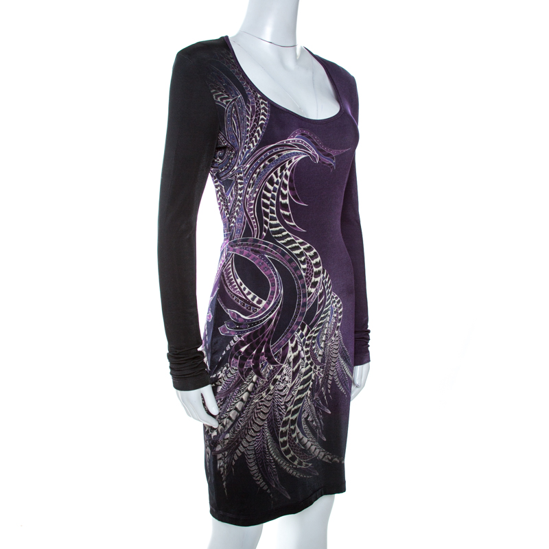 

Just Cavalli Purple Feather Printed Jersey Long Sleeve Bodycon Dress