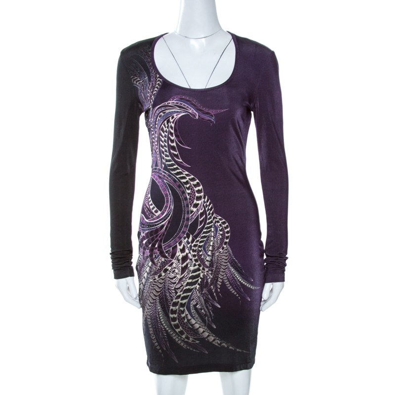 Pre Owned Just Cavalli Purple Feather Printed Jersey Long Sleeve Bodycon Dress M