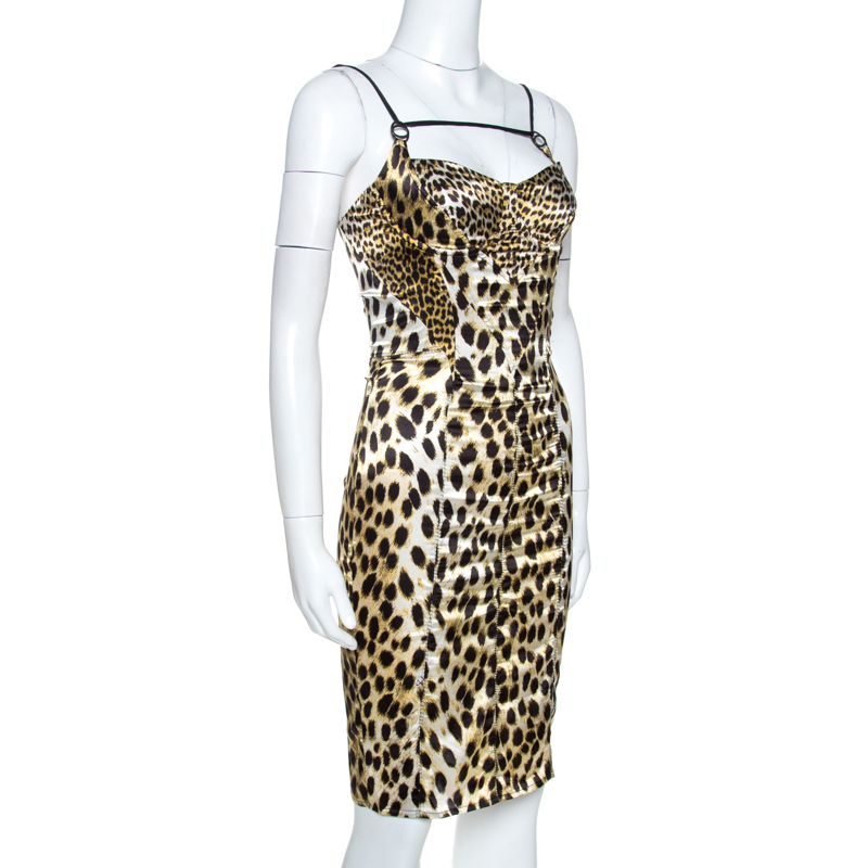 

Just Cavalli Yellow Stretch Satin Leopard Print Corset Dress