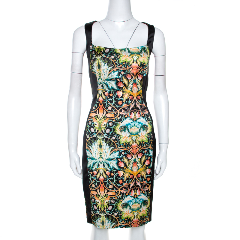 Pre Owned Just Cavalli Black Printed Stretch Satin Sheath Dress M