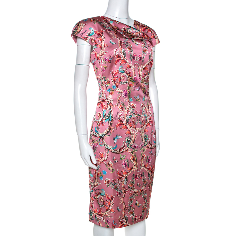 

Just Cavalli Pink Baroque Print Satin Sheath Dress