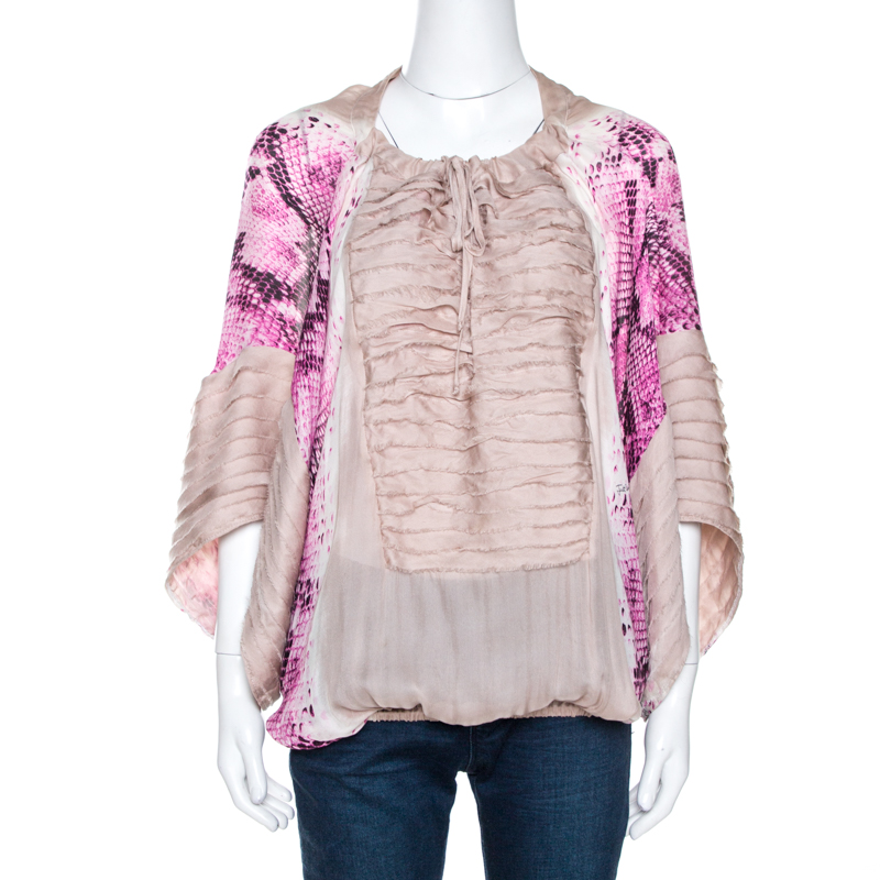 Pre Owned Just Cavalli Bicolor Printed Silk Raw Edge Detail Top M