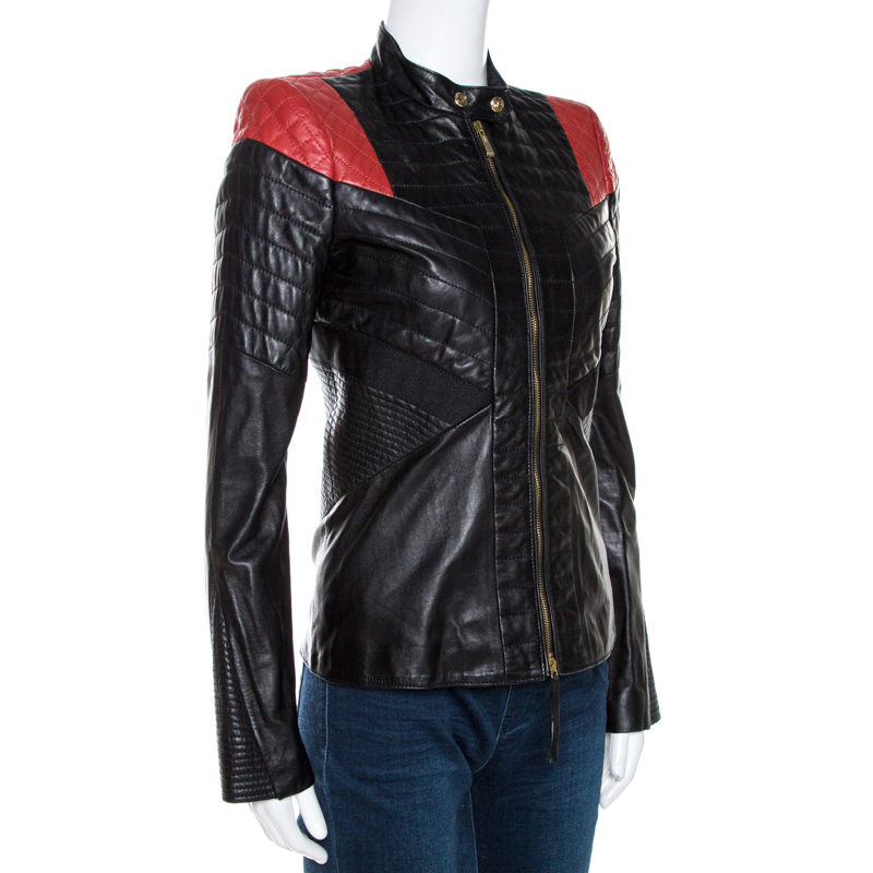 

Just Cavalli Black & Red Lamb Leather Quilted Jacket