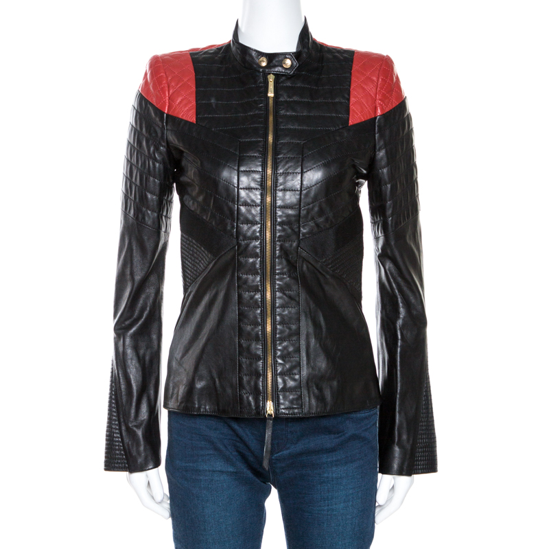 Pre Owned Just Cavalli Black & Red Lamb Leather Quilted Jacket S