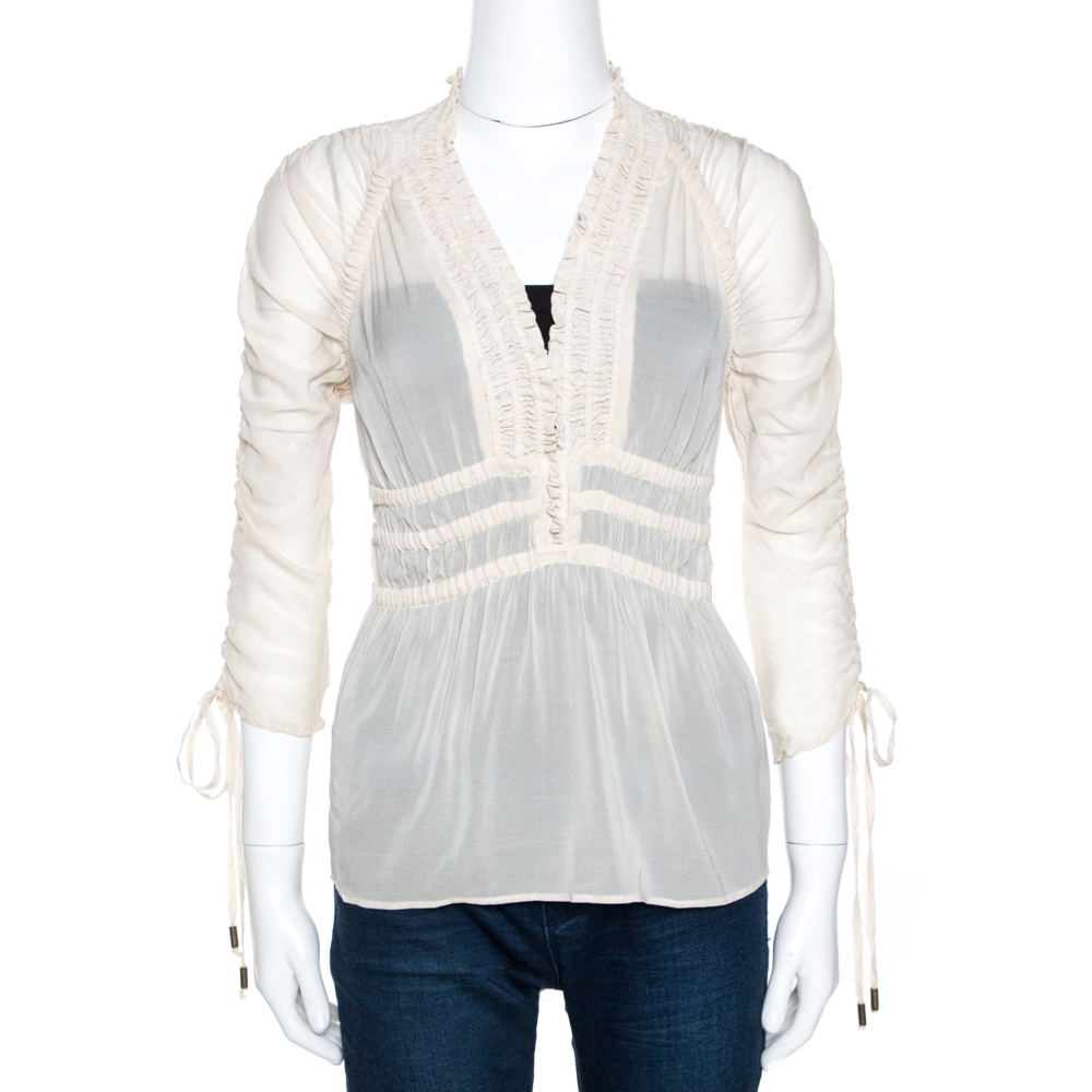 Just Cavalli Cream Stretch Silk Ruched Detail Top S
