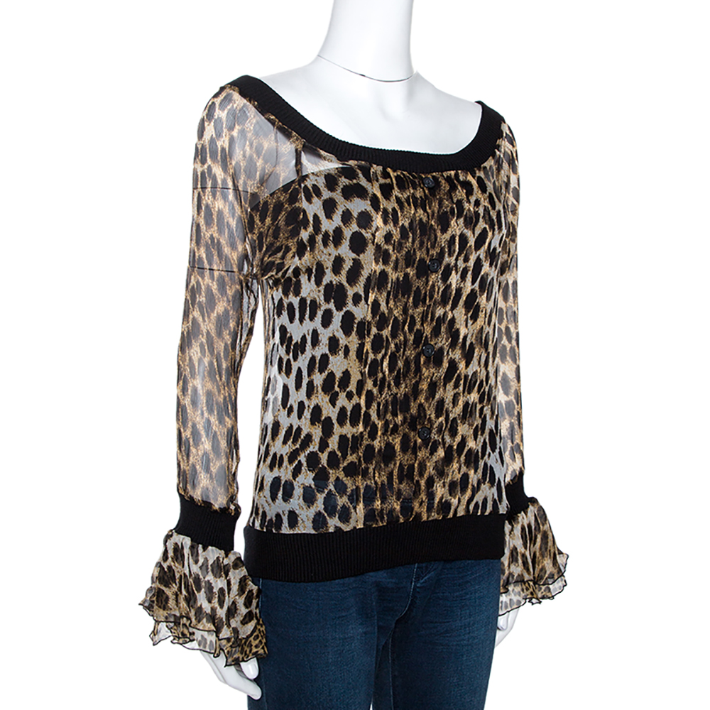 

Just Cavalli Brown Leopard Printed Chiffon Rib Trim Detail Top