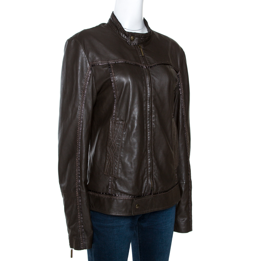 

Just Cavalli Brown Nappa Leather Zip Front Jacket