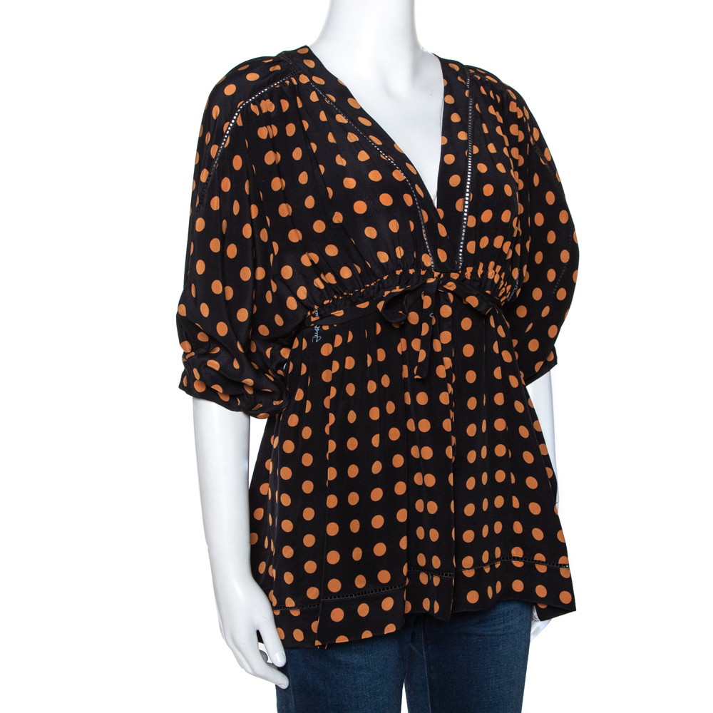 

Just Cavalli Black & Yellow Polka Dot Print Silk V Neck Blouse