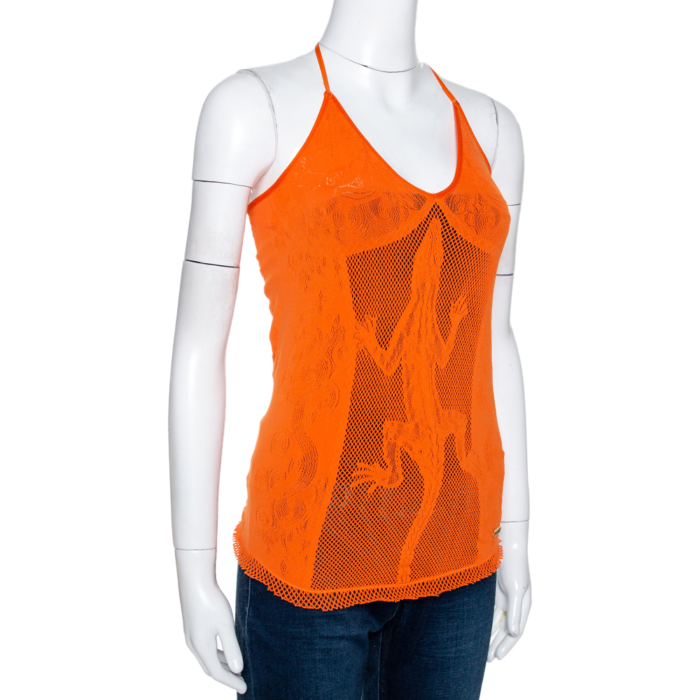 

Just Cavalli Orange Tricot Mesh Lizard Motif Halter Top (Free Size)