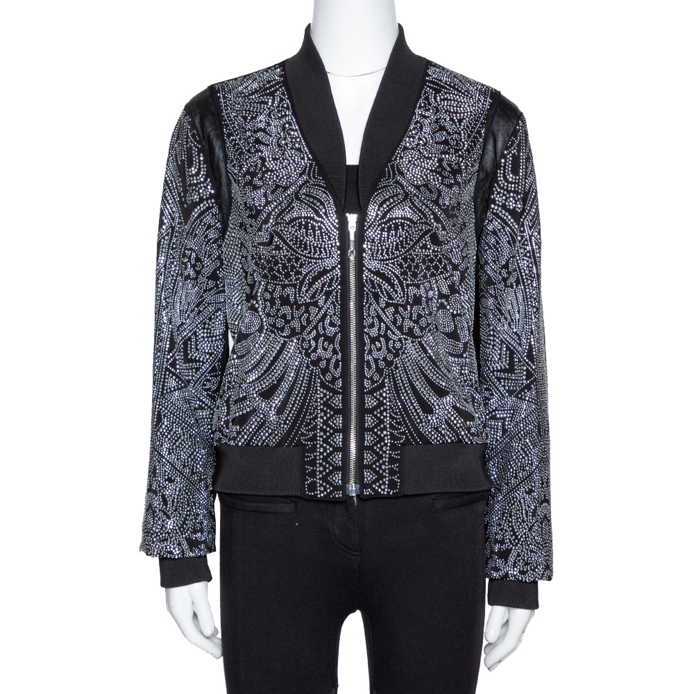 Click to view more detailed imagery on our partner's website Pre-owned Just Cavalli Black Crepe Embellished Bomber Jacket M