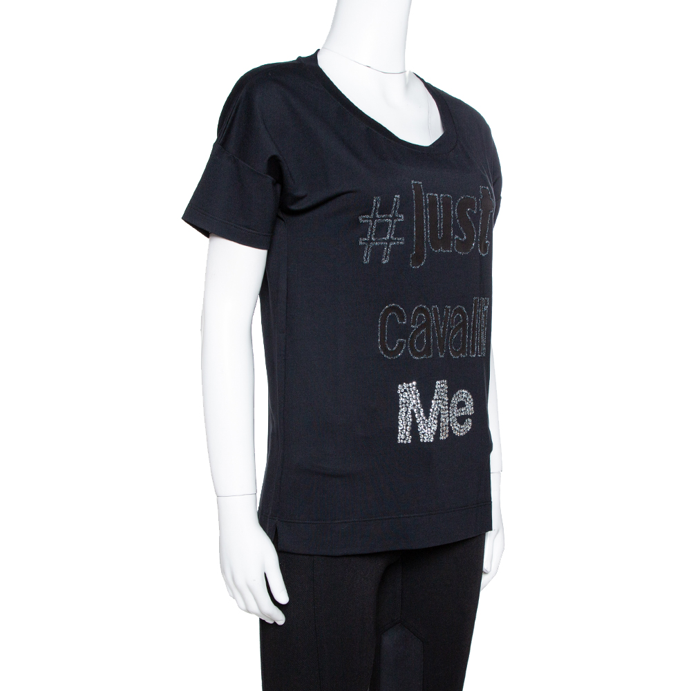 

Just Cavalli Black Modal Mesh Logo Embellished T-Shirt