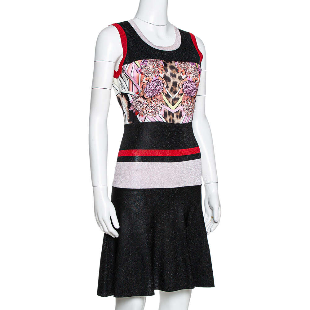 

Just Cavalli Colorblock Lurex Knit & Printed Satin Panel Fit and Flare Dress, Multicolor