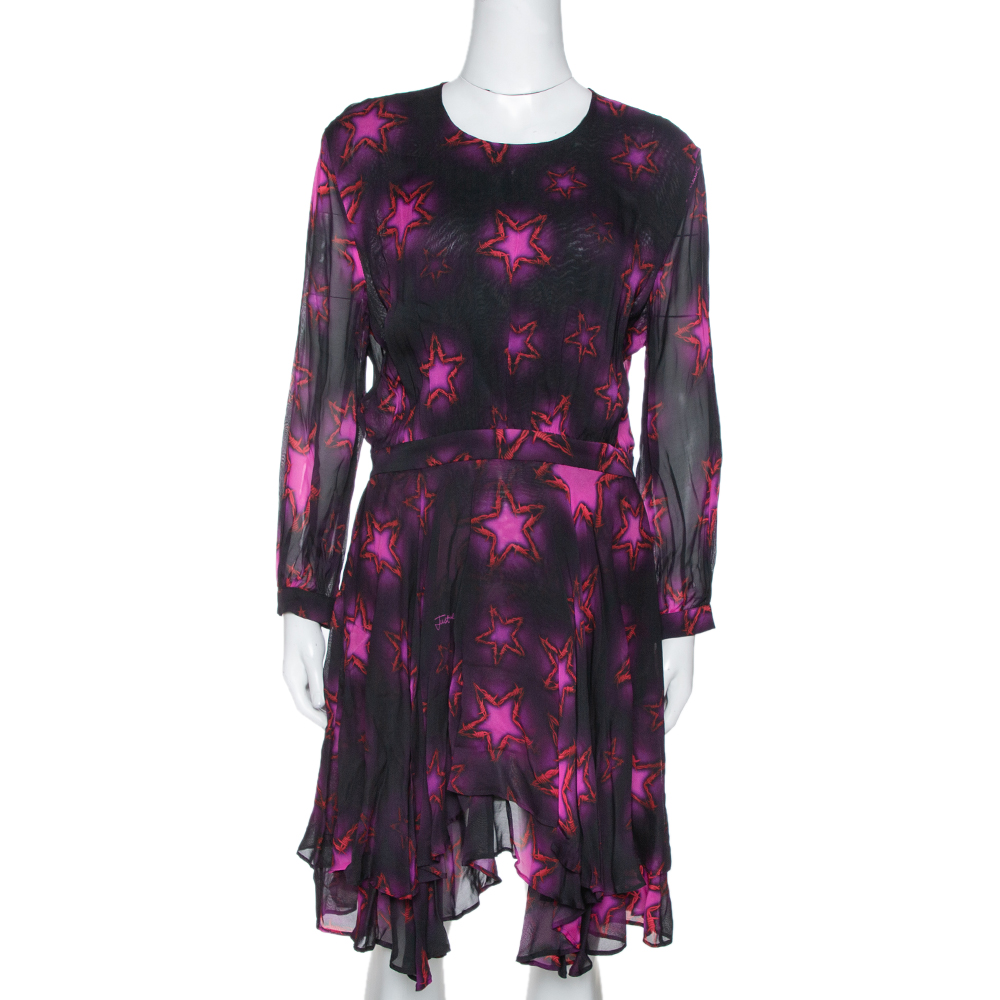 Click to view more detailed imagery on our partner's website Pre-owned Just Cavalli Fuchsia Chiffon Star Print Flared Dress M In Pink