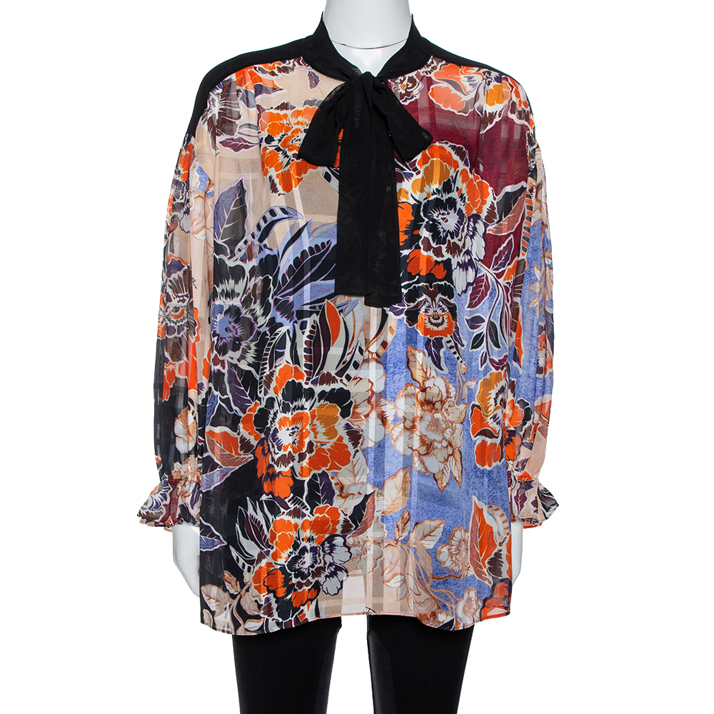 Click to view more detailed imagery on our partner's website Pre-owned Just Cavalli Multicolor Floral Print Cotton & Silk Oversized Blouse S