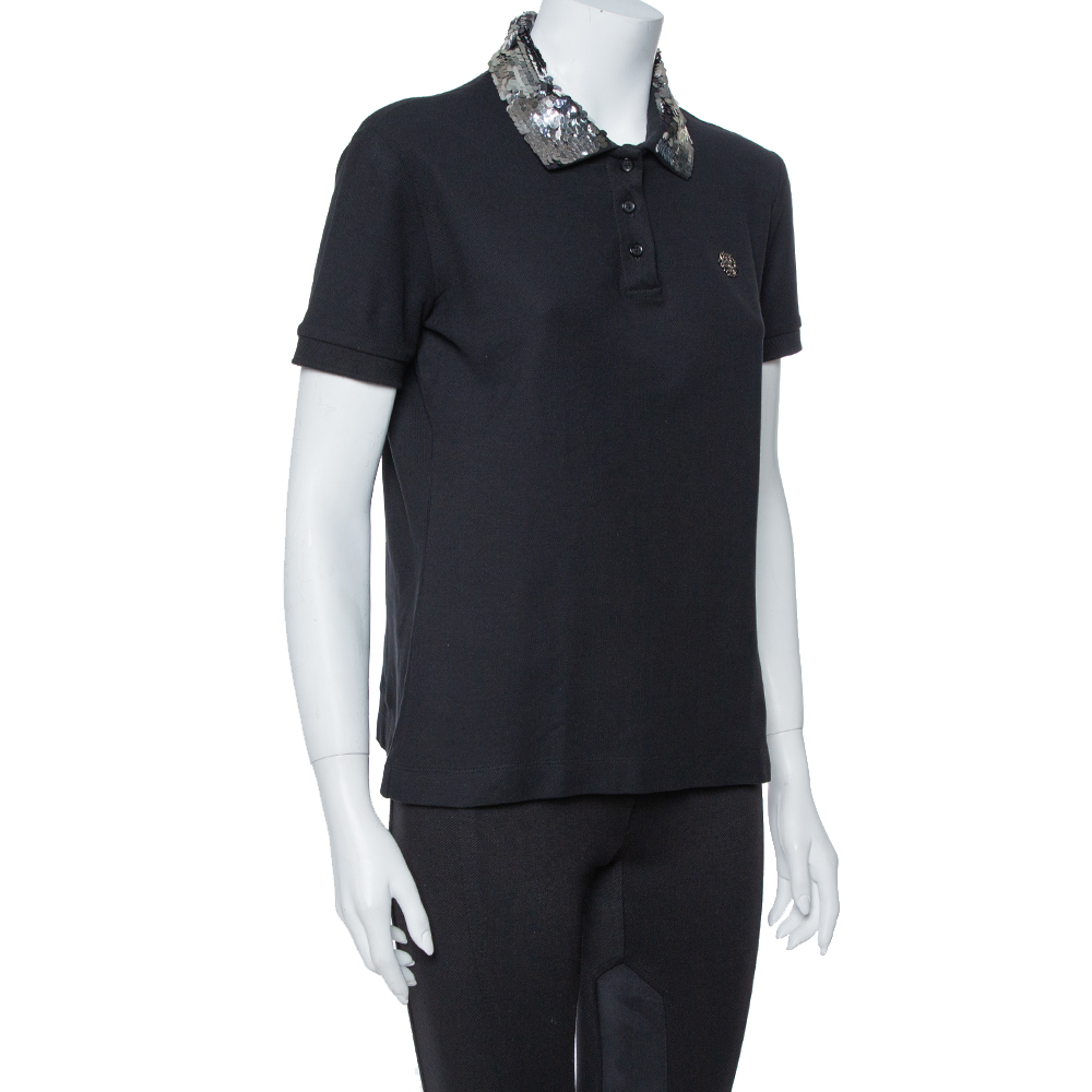 

Just Cavalli Black Cotton Sequin Embellished Collar Detail Polo T Shirt