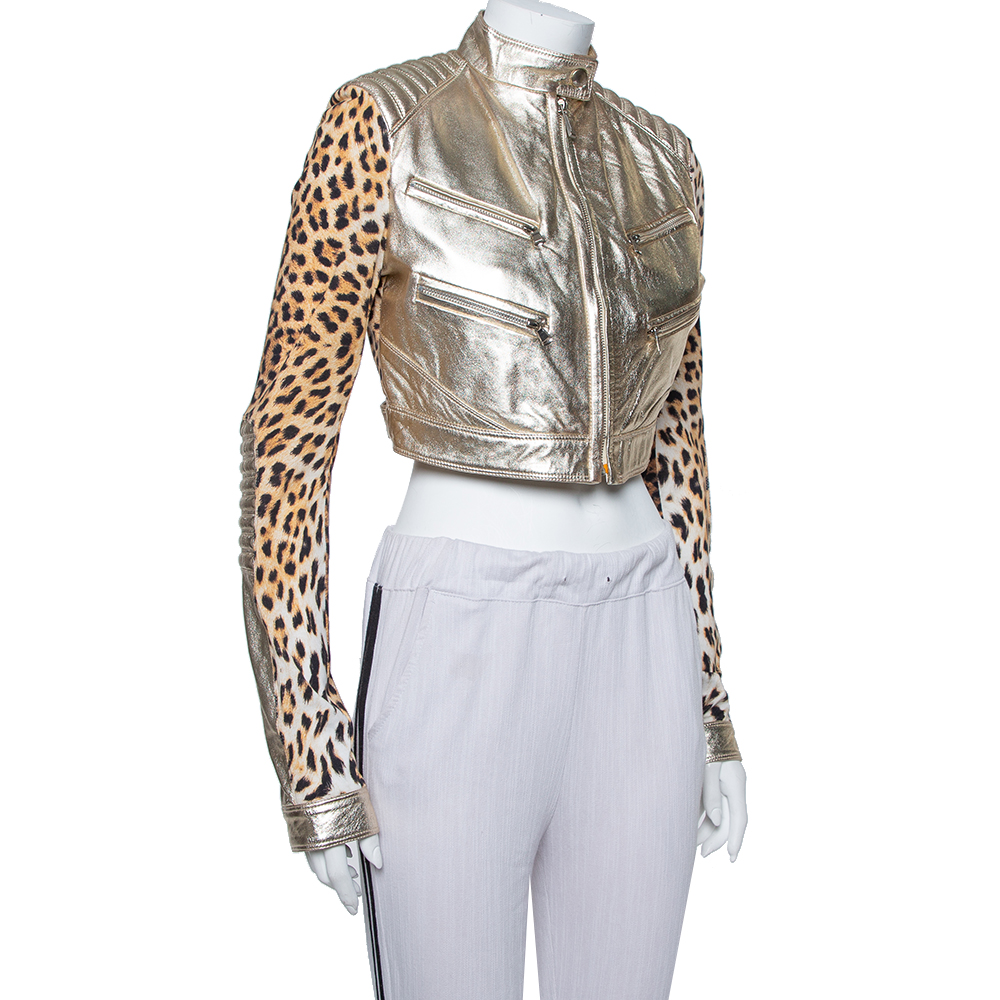

Just Cavalli Gold Leather & Leopard Print Jersey Cropped Jacket