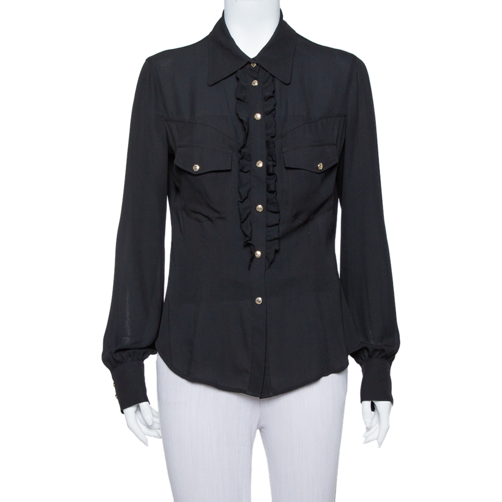 Click to view more detailed imagery on our partner's website Pre-owned Just Cavalli Black Crepe Ruffle Detail Button Front Shirt L