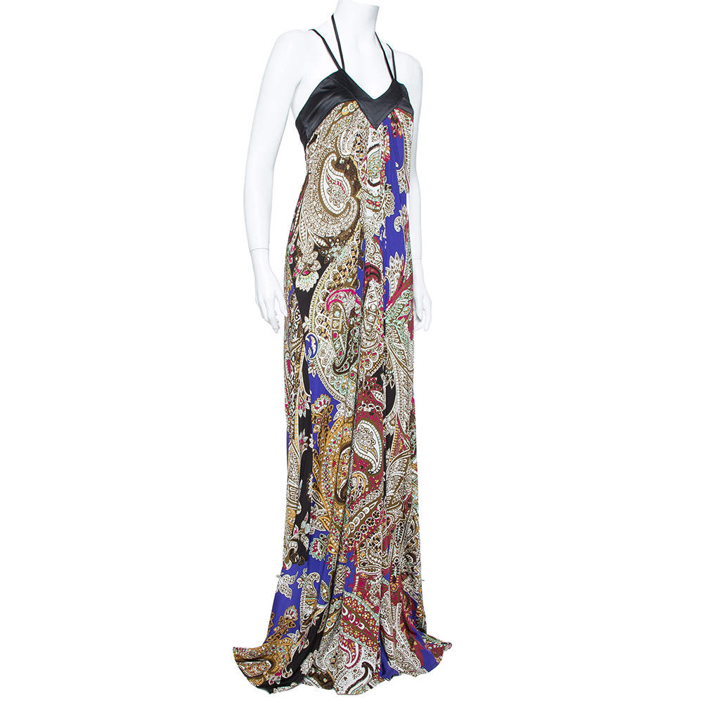 

Just Cavalli Multicolor Abstract Printed Knit Halter Neck Flared Maxi Dress